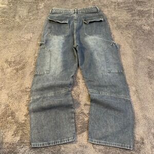 Fashion‎ Jeans Blue Cargo Denim Pants Red Trim Wide Leg tagged L 31 waist